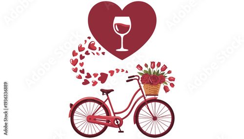A bicycle with a basket of flowers and a heart above it