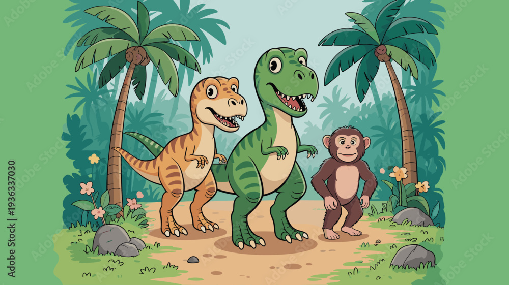 Naklejka premium Cute cartoon dinosaurs and monkey in tropical jungle landscape colorful prehistoric animals vector illustration for children storybook design