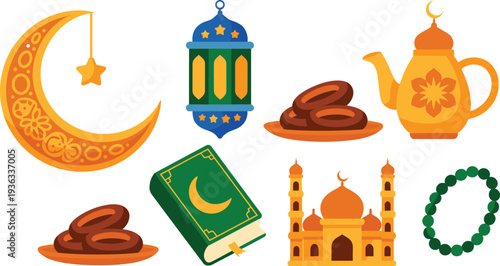 Ramadan Islamic illustration, crescent moon star, mosque minarets, lantern teapot, Quran book, prayer beads dates, cultural religious artwork, festive design