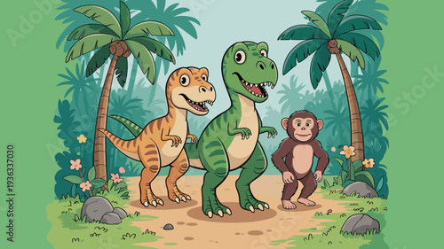 Cute cartoon dinosaurs and monkey in tropical jungle landscape colorful prehistoric animals vector illustration for children storybook design