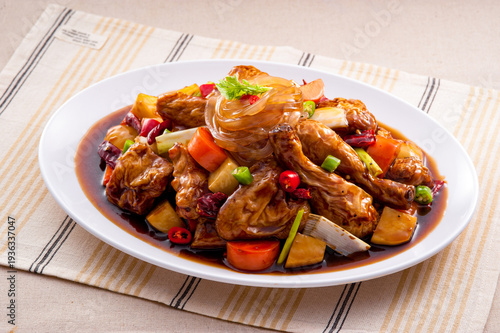 Konstfotografi Korean food : Braised chicken with vegetables in savory soy sauce (Andong Jjimdak)
