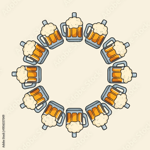 Circular frame of beer mugs with foam, festive beer party, Oktoberfest concept