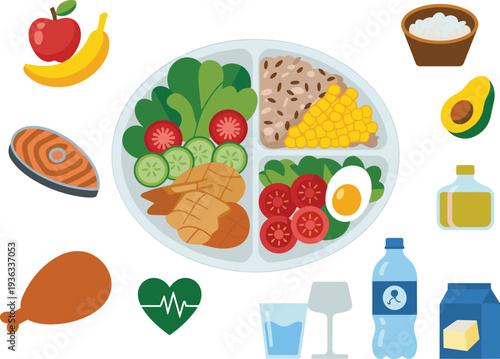Balanced healthy meal plate illustration with vegetables fruits proteins grains nuts avocado fish chicken egg corn rice oil water and heart symbol for nutrition diet wellness concepts.