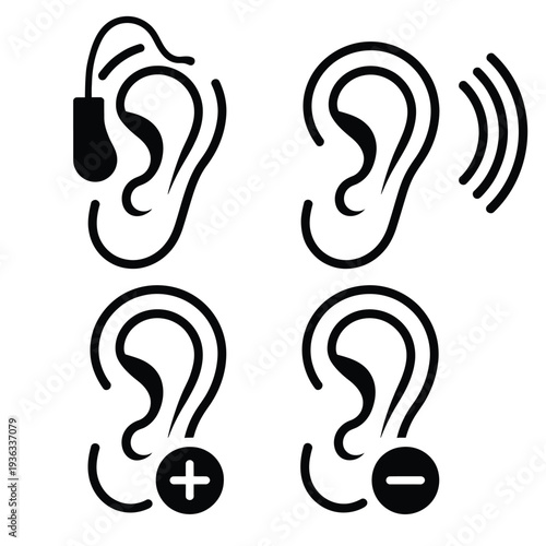 Illustration of four ears with different symbols representing hearing and listening isolated on white background, Vector, illustration
