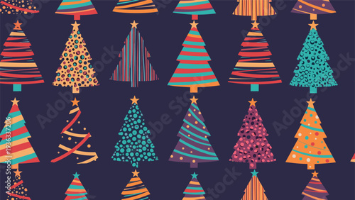 Vibrant and festive seamless Christmas pattern featuring a variety of colorful and stylized Christmas trees on a dark navy blue background.