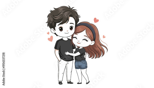 A cute cartoon couple embracing each other with love and affection