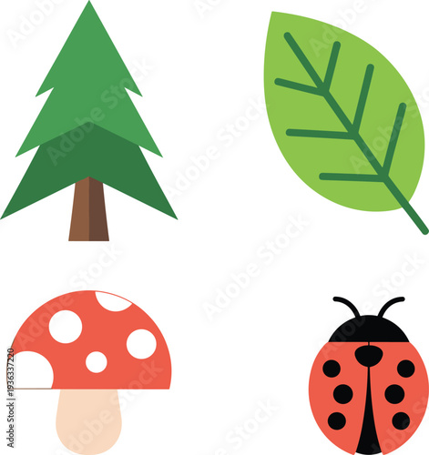 Cute flat design nature icons set featuring pine tree, green leaf, red mushroom toadstool, and ladybug insect for children book, ecology, forest and spring illustrations.