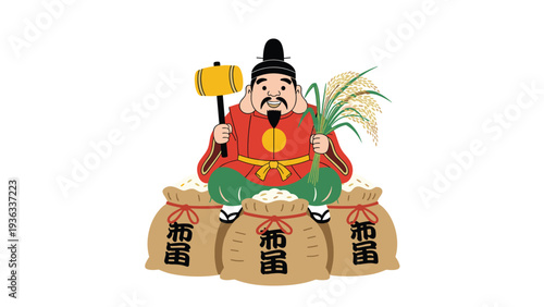 Illustration of Daikokuten, one of Japan's Seven Lucky Gods, sitting on bales of rice and holding a magic hammer and rice stalks.