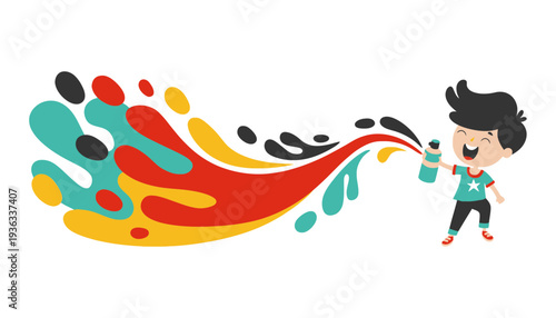 A cartoon boy spraying colorful paint from a can on a white background