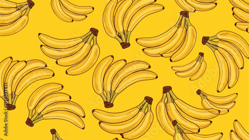 Vibrant and seamless repeating pattern of hand-drawn yellow banana bunches scattered across a bright yellow background.