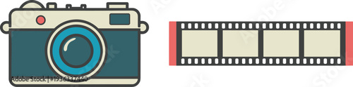 Retro camera and photographic film strip vector illustration representing vintage photography equipment analog photo technology classic photographer tool isolated design concept