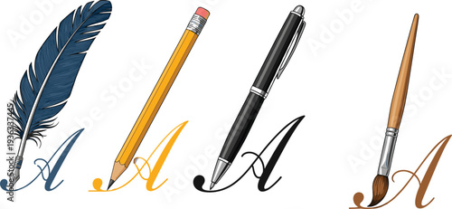 Feather pen and inkwell on a desk with stationery and writing tools