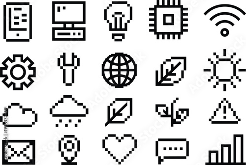 Pixel style technology and communication icon set including computer wifi gear cloud message chart and global network symbols retro digital interface vector collection