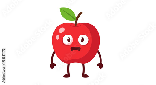A cartoon apple character with a worried face standing alone