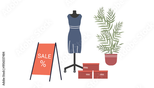 A dress mannequin illustration with sale sign and shopping boxes nearby