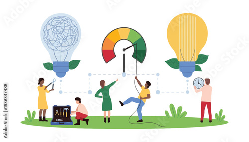 A group of people working together with lightbulb ideas and a speedometer