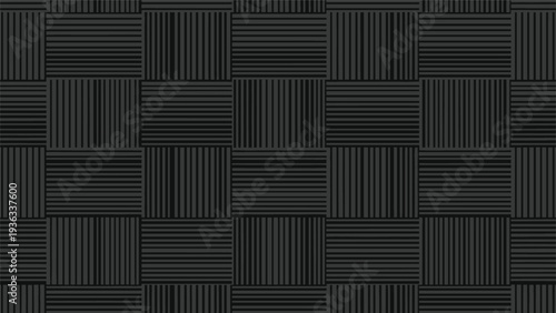 Modern and abstract seamless geometric pattern of woven squares with alternating horizontal and vertical lines in black and gray.