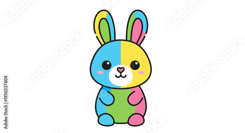 Colorful cartoon bunny character illustration on white background displayed front view