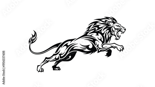 Dynamic black and white tribal tattoo illustration of a powerful roaring lion captured in a leaping or pouncing motion.