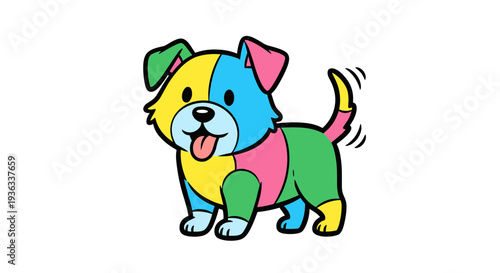 Colorful dog illustration standing happily on plain background viewed from front