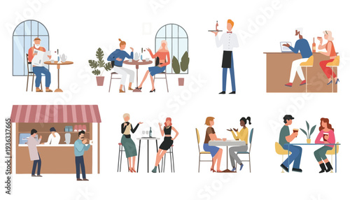 People sitting and standing in a restaurant or cafe setting illustration
