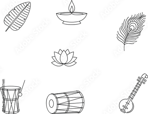 Still life illustration of coffee and tea cups with vintage food and drink icons