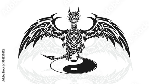 Powerful black and white tribal tattoo design of a fierce dragon perched on a yin yang symbol, with its wings wide open.