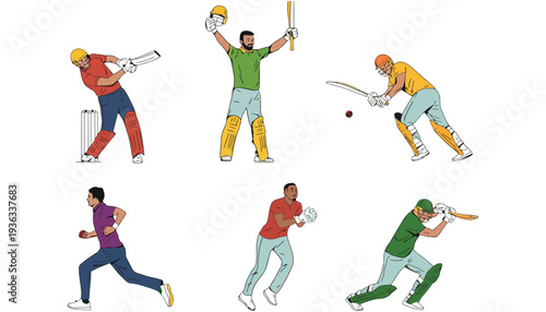 Cricket player illustrations in various poses and actions on a white background