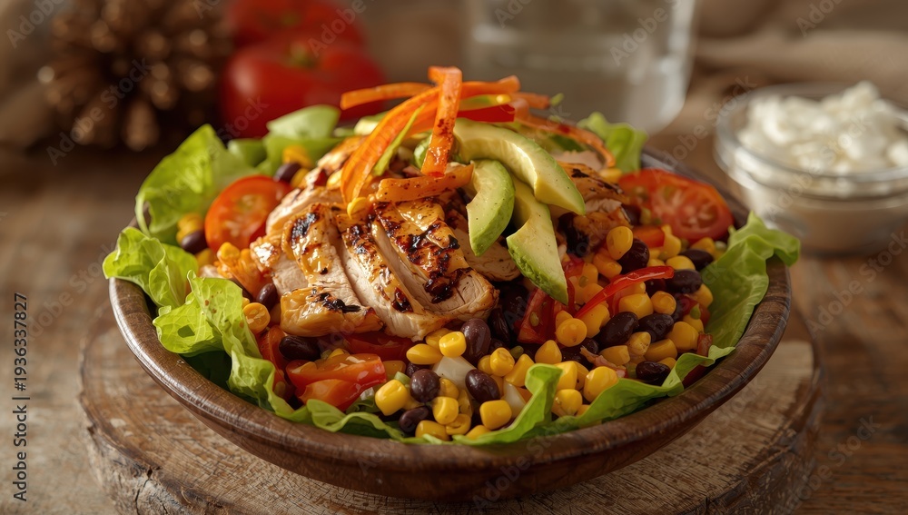 Naklejka premium Close-up of Tex-Mex Santa Fe chicken salad featuring lettuce, tomatoes, corn, black beans, peppers, and avocado on a plate
