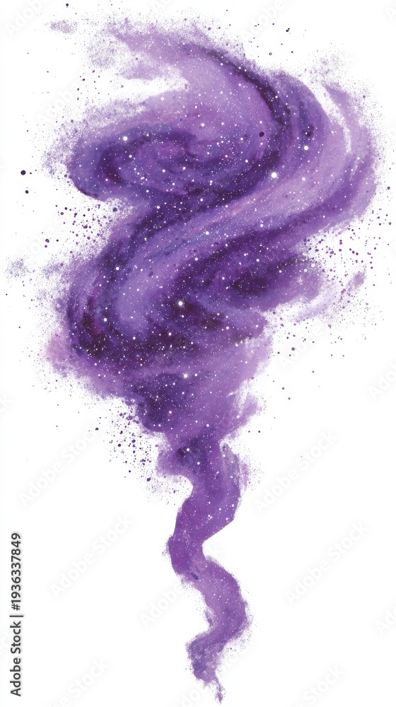 Fototapeta premium Abstract Swirling Purple Smoke with Glitter Particles on White Background