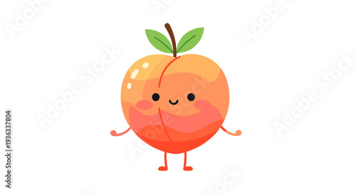 Cartoon peach character illustration with smiling face and green leaves