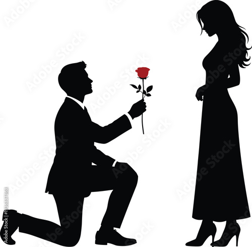 Romantic silhouette illustration, man proposing rose, woman standing dress, love gesture artwork, couple vector design, relationship motif, emotional artistic composition