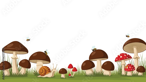 Charming fairytale illustration of a forest floor with various mushrooms, a cute snail, and buzzing bees in the tall green grass.