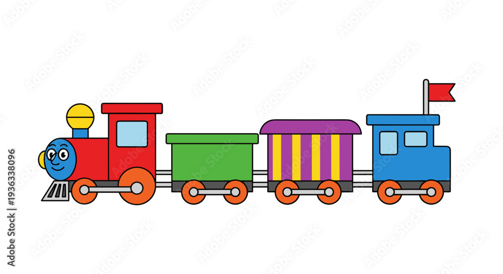 Naklejka premium Toy train with colorful carriages on transparent track viewed from side