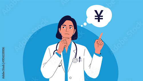 Thoughtful female doctor in a lab coat with a stethoscope, pondering financial matters as shown by a yen symbol in a thought bubble.