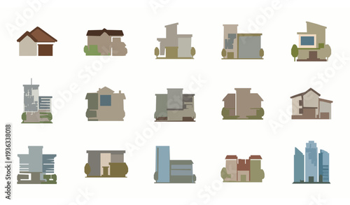 Modern building icon set with house and apartment symbols flat vector illustration EPS10 isolated on white