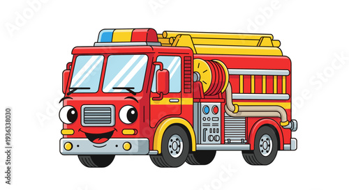 Fire engine illustration with lights and equipment on white background viewed from front