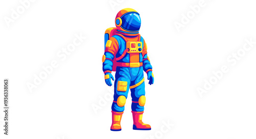 Astronaut in colorful spacesuit standing on white background
