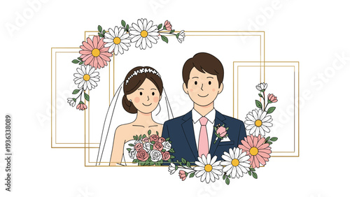 Charming wedding illustration of a happy bride and groom surrounded by a beautiful frame of pink and white daisy flowers.