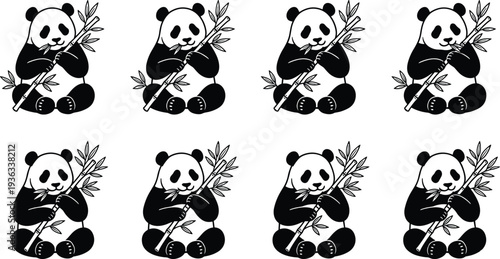 Black and white vector pattern of cute giant pandas sitting and eating bamboo stalks isolated on white background for fabric wallpaper and kids design
