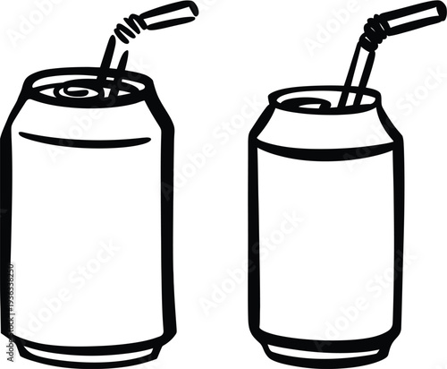 Two soda cans with straws in a simple black and white line drawing isolated on white background, Vector, illustration