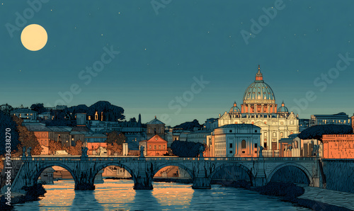 Skyline of Rome, Italy in illustrations, presentation images, travel image ideas, tourism promotion, postcards, generative AI