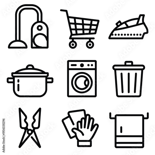 Assorted icons representing various household chores and activities isolated on white background, Vector, illustration