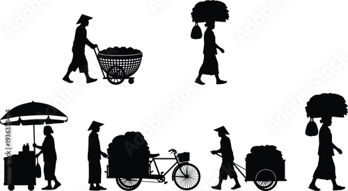 Street vendor silhouette vector illustration, traditional market artwork, goods transport design, Southeast Asia commerce graphic, black and white economic activity image