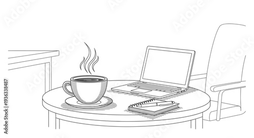 Steaming cup of hot beverage rests beside an open laptop computer and a small notebook on a round table surface for remote work.