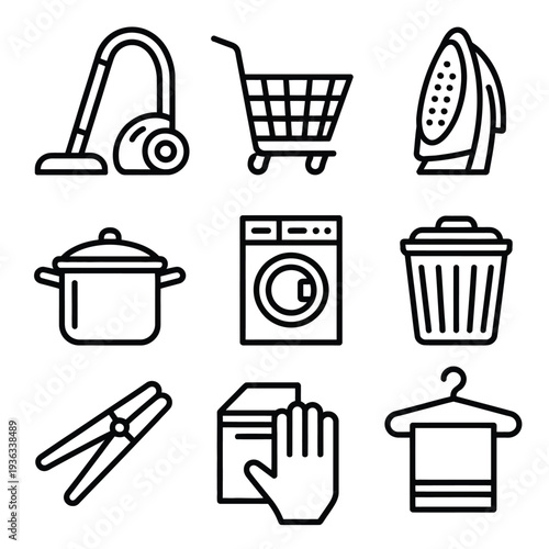 A collection of various household icons representing different cleaning tools and appliances isolated on white background, Vector, illustration