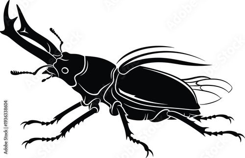 Stylized stag beetle vector illustration, black and white insect artwork, detailed mandibles, entomology design, graphic silhouette, nature wildlife drawing