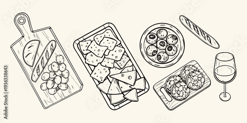 Overhead view of a sketched charcuterie board with wine and snacks