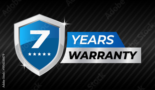 7 years warranty badge blue shield guarantee label with stars premium product quality assurance service logo vector illustration