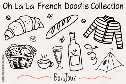 A charming doodle collection featuring french pastries wine and other items